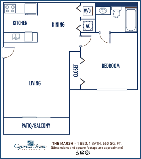 Floor plan for 1 bed, 1 bath, 660 sqft